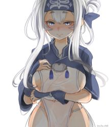 Rule 34 | 10eki (tenchou), 10s, 1girl, ainu clothes, artist name, blue eyes, breasts, folded ponytail, hair between eyes, headband, highres, kamoi (kancolle), kantai collection, large breasts, long hair, simple background, smile, solo, thick eyebrows, white background, white hair