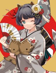 Rule 34 | 1girl, animal, animal ears, black bow, black eyes, bow, commentary request, floral print, flower, grey kimono, hair flower, hair ornament, hand fan, highres, holding, holding animal, holding fan, japanese clothes, kimono, looking at viewer, one eye closed, original, pig, pig ears, red flower, red ribbon, ribbon, short hair, smile, solo, tadaomi (amomom), white flower