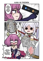 Rule 34 | 2girls, @ @, aura (sousou no frieren), aura bullying (meme), blank eyes, blush, braid, breasts, cleavage, demon girl, demon horns, earrings, elbow gloves, elf, english text, facebook like, frieren, gloves, green eyes, highres, holding, holding staff, horns, jewelry, long hair, low-tied long hair, medium breasts, monochrome, multiple braids, multiple girls, nakatokung, open mouth, pink hair, pointy ears, ponytail, sidelocks, skirt, sousou no frieren, speech bubble, staff, sweatdrop, thighhighs, thighs, twin braids, twintails, waist cape, white skirt, zettai ryouiki