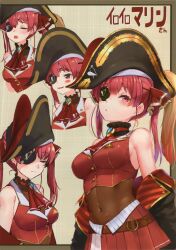 Rule 34 | 1girl, absurdres, akasaai, ascot, bare shoulders, belt, blush, breasts, buttons, closed eyes, coat, covered navel, detached collar, eyepatch, gold trim, hair ornament, hat, highres, hololive, houshou marine, loincloth, long hair, looking at viewer, medium breasts, multiple views, off shoulder, open mouth, pirate hat, red eyes, red hair, scan, simple background, skirt, sleeveless, twintails, upper body, virtual youtuber