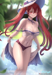 Rule 34 | 1girl, absurdres, artist name, bare legs, bare shoulders, between breasts, black ribbon, blurry, blurry background, blush, bracelet, breasts, cleavage, closed mouth, collarbone, day, depth of field, feet out of frame, fire emblem, fire emblem awakening, hat, highres, holding, jewelry, lingerie, long hair, medium breasts, navel, neck ribbon, nintendo, outdoors, panties, pond, purple panties, red eyes, red hair, ribbon, severa (fire emblem), smile, smug, solo, standing, stomach, sun hat, thigh gap, toned, twintails, underwear, v-shaped eyebrows, very long hair, vilde loh hocen, wading, water, white hat