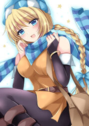 Rule 34 | 1girl, bag, bangle, bare shoulders, blonde hair, blue eyes, blue ribbon, blue scarf, bracelet, braid, braided ponytail, breasts, detached sleeves, fire emblem, fire emblem: genealogy of the holy war, hair ribbon, highres, jewelry, kirishima riona, looking at viewer, medium breasts, nintendo, pantyhose, patty (fire emblem), ribbon, satchel, scarf, smile, solo, striped clothes, striped scarf