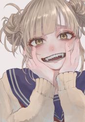 Rule 34 | 1girl, blonde hair, blue sailor collar, blunt bangs, blush, boku no hero academia, commentary request, double bun, fangs, hair bun, hands on own cheeks, hands on own face, hands up, highres, komachi nezu, long sleeves, looking at viewer, messy hair, open mouth, sailor collar, school uniform, serafuku, short hair, simple background, sleeves past wrists, smile, solo, teeth, toga himiko, upper body