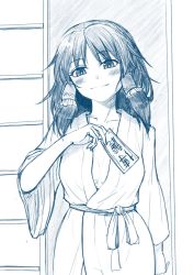 Rule 34 | 1girl, blue theme, blush, bow, breasts, collarbone, hair bow, hair tubes, hakurei reimu, hand on own chest, highres, japanese clothes, large breasts, long sleeves, looking at viewer, miyayuki azami, monochrome, no hair bow, smile, solo, touhou, wide sleeves
