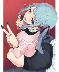 Rule 34 | 1boy, 1girl, absurdres, bandaid, black bow, black nails, black skirt, black wings, blue eyes, blue hair, blush, bow, commentary request, detached wings, ear bar, ear piercing, earrings, fangs, fingernails, frilled shirt collar, frilled skirt, frills, grey pants, hair bow, hair ornament, hatsune miku, heart, heart hair ornament, highres, jewelry, jirai kei, long hair, long sleeves, looking at viewer, looking back, mask, mask pull, medium bangs, mouth mask, multiple earrings, open mouth, pants, piercing, pink shirt, red background, ring, shirt, simple background, sitting, sitting on person, skirt, smile, solo focus, spiked ear piercing, temari rin, twintails, v, vampire (vocaloid), vocaloid, white shirt, wings