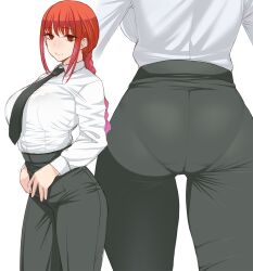 Rule 34 | 1girl, ass, back, braid, breasts, chainsaw man, highres, large breasts, long hair, looking at viewer, makima (chainsaw man), multiple views, namidame, necktie, pantylines, red eyes, red hair, ringed eyes, transparent background