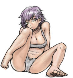 Rule 34 | 1girl, barefoot, bra, breasts, cleavage, feet, itou eito, large breasts, lingerie, lowres, panties, purple hair, short hair, sitting, solo, underwear, underwear only