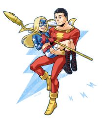 Rule 34 | 1boy, 1girl, belt, billy batson, black hair, blonde hair, blue eyes, boots, braces, cape, captain marvel, carrying, courtney whitmore, crop top, cross-laced footwear, dc comics, domino mask, gloves, justice society of america, lace-up boots, lightning bolt symbol, long hair, mask, midriff, princess carry, sen (pixiv111638), shazam, shoes, shorts, skin tight, smile, staff, stargirl, yellow footwear