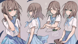 Rule 34 | 1girl, blue neckerchief, blue sailor collar, blue skirt, blush, breasts, brown hair, cellphone, closed eyes, closed mouth, commentary, dated, english commentary, green eyes, grey background, hair between eyes, heart, holding, holding phone, kobutanori, multiple views, neckerchief, original, phone, pleated skirt, profile, sailor collar, shirt, short sleeves, signature, simple background, sketch, skirt, small breasts, smile, sparkle, white shirt