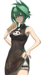 Rule 34 | 1girl, animal print, athenawyrm, bear print, black dress, breasts, china dress, chinese clothes, closed mouth, commentary, covered navel, cowboy shot, dress, english commentary, expressionless, green eyes, green hair, hair between eyes, highres, hip vent, holding, looking at viewer, medium breasts, medium hair, ofuda, panda print, shaman king, side slit, simple background, sleeveless, sleeveless dress, solo, tao jun, thigh strap, white background