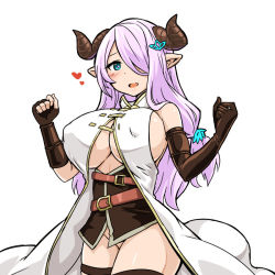 Rule 34 | 10s, 1girl, blush, breasts, draph, elbow gloves, covered erect nipples, gloves, granblue fantasy, hair over one eye, heart, horns, large breasts, long hair, narmaya (granblue fantasy), no panties, pointy ears, simple background, smile, solo, thighhighs, white background, zaxwu