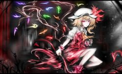 Rule 34 | 1girl, acryl, ascot, blonde hair, female focus, flandre scarlet, hat, hat ribbon, holding, laevatein, looking at viewer, red eyes, ribbon, side ponytail, skirt, solo, touhou, wings, wrist cuffs