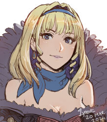Rule 34 | 1girl, bare shoulders, blonde hair, blue choker, blue eyes, blue hair, blue hairband, breasts, choker, cleavage, cm lynarc, colored inner hair, commentary, constance von nuvelle, dress, drill hair, drill sidelocks, fire emblem, fire emblem: three houses, fire emblem warriors: three hopes, hairband, highres, looking at viewer, medium breasts, multicolored hair, nintendo, off-shoulder dress, off shoulder, official alternate costume, official alternate hairstyle, parted lips, purple lips, sidelocks, simple background, solo, upper body, white background