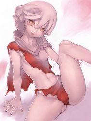 Rule 34 | 10s, 1girl, breasts, chiot (god eater), covered erect nipples, fumio (rsqkr), god eater, god eater burst, navel, short hair, sideboob, solo, torn clothes, white hair, yellow eyes