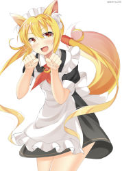 Rule 34 | 10s, 1girl, alternate costume, animal ears, apron, bad id, bad pixiv id, black dress, blonde hair, brown eyes, crescent, crescent pin, dress, enmaided, fox ears, fox tail, hair tubes, kankitsunabe (citrus), kantai collection, long hair, maid, necktie, open mouth, satsuki (kancolle), satsuki kai ni (kancolle), smile, solo, tail, twintails, twitter username, white background