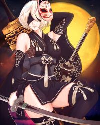 Rule 34 | 1girl, absurdres, alternate costume, arm behind head, black blindfold, blindfold, blonde hair, breasts, detached sleeves, fox mask, greatsword, highres, holding, holding sword, holding weapon, katana, knees up, light smile, looking at viewer, mask, medium breasts, mole, mole under mouth, moon, multiple swords, nier:automata, nier (series), pelvic curtain, pink lips, short hair, smile, solo, swept bangs, sword, tassel, thighhighs, thighs, truejekart, weapon, 2b (nier:automata), zettai ryouiki