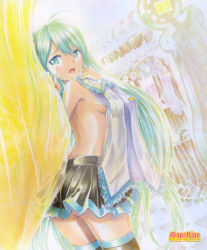 Rule 34 | 1girl, breasts, checkered floor, clothes hanger, clothes in front, curtain grab, curtains, dressing, dressing room, floor, green eyes, green hair, hatsune miku, large breasts, long hair, looking back, marker (medium), matching hair/eyes, mayo riyo, open mouth, skirt, solo, thighhighs, topless, traditional media, twintails, undressing, very long hair, vocaloid