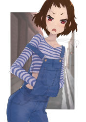 Rule 34 | 1girl, :o, absurdres, brown hair, commission, crop top, denim, disgust, hand under clothes, highres, hyouka, ibara mayaka, jewelry, long sleeves, looking at viewer, midriff, necklace, overalls, red eyes, shirt, short hair, skeb commission, solo, standing, striped clothes, striped shirt, thomas (aoakumasan)