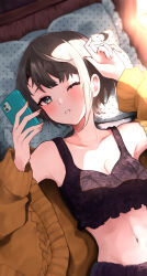 Rule 34 | 1girl, absurdres, black hair, blue eyes, blush, breasts, cleavage, collarbone, commentary request, from above, half-closed eye, highres, holding, holding phone, hololive, indoors, lingerie, long sleeves, mashiro io, medium breasts, navel, on bed, one eye closed, oozora subaru, parted lips, phone, pillow, short hair, solo, stomach, underwear, virtual youtuber, waking up