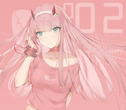 Rule 34 | 10s, 1girl, arm behind back, blunt bangs, character name, choker, collarbone, darling in the franxx, dated, floating hair, green eyes, hairband, hand in own hair, highres, horns, long hair, off shoulder, pink background, pink hair, pink shirt, shirt, short sleeves, solo, t lege d, upper body, very long hair, white hairband, zero two (darling in the franxx)