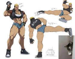 Rule 34 | 1boy, angry, ass, bara, black footwear, black male underwear, blonde hair, bra, breasts, cat png, commentary, cosplay, crop top, crop top jacket, crouch kick, english commentary, english text, fingerless gloves, gloves, gold bracelet, hair slicked back, high kick, highres, kicking, large breasts, large pectorals, male focus, male underwear, muscular, muscular male, nyaattoberritto, partially unzipped, pectorals, sharp teeth, shirt, short shorts, shorts, shoulder tattoo, sleeveless, sleeveless jacket, snk heroines: tag team frenzy, tan, tattoo, teeth, terry bogard, terry bogard (cosplay), the king of fighters, thick thighs, thighs, tight clothes, tongue, tongue out, underwear, variant set, white background, white bra, white shirt, yamazaki ryuuji