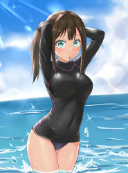 Rule 34 | 1girl, absurdres, adjusting hair, aimobake, blue one-piece swimsuit, blue sky, blush, brown hair, closed mouth, cloud, cloudy sky, commentary request, covered navel, day, dutch angle, green eyes, hair tie in mouth, hands in hair, highres, horizon, idolmaster, idolmaster cinderella girls, lens flare, long hair, long sleeves, looking at viewer, mouth hold, ocean, one-piece swimsuit, ponytail, rash guard, shibuya rin, sidelocks, sky, solo, standing, sunlight, swimsuit, wading, water, water drop, wet