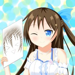 Rule 34 | 1girl, ;), absurdres, anata no risou no heroine, aqua bow, aqua eyes, artist name, artist request, blue eyes, blush, bow, bracelet, breasts, brown hair, cleavage, collarbone, cross-laced clothes, cross-laced dress, drawing, dress, drop earrings, earrings, female focus, flower, flower bracelet, frilled dress, frilled straps, frills, hair between eyes, hair bobbles, hair bow, hair ornament, hairclip, halter dress, halterneck, highres, holding, holding notebook, holding paper, jewelry, long hair, looking at viewer, love live!, love live! nijigasaki high school idol club, love live! school idol festival, medium breasts, necklace, notebook, one eye closed, osaka shizuku, paper, parted lips, pearl bracelet, pleated dress, ponytail, puffy short sleeves, puffy sleeves, purple flower, purple rose, ribbon, rose, see-through, see-through dress, shell hair ornament, short sleeves, smile, solo, star (symbol), star hair ornament, upper body, white bow, white dress