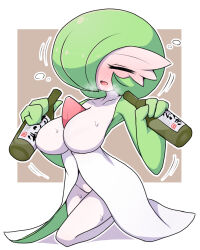 Rule 34 | 1girl, = =, alcohol, beer, blush, bob cut, border, bottle, breasts, breath, brown background, collarbone, colored skin, creatures (company), drink, drooling, drunk, female focus, full body, game freak, gardevoir, gen 3 pokemon, green hair, green skin, groin, hair over one eye, hands up, highres, holding, holding bottle, holding drink, ikuzonomiki12, japanese text, kneeling, large breasts, motion lines, multicolored skin, nintendo, nose blush, one eye covered, open mouth, outline, outside border, pokemon, pokemon (creature), saliva, short hair, simple background, solo, sweat, thighs, translation request, two-tone skin, white border, white outline, white skin