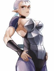 Rule 34 | 1girl, armor, breasts, choker, hands on own hips, highres, impa, looking at viewer, nintendo, otsubo kiko, pointy ears, ponytail, red eyes, smile, solo, the legend of zelda, the legend of zelda: ocarina of time, upper body, white background, white hair