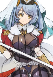 Rule 34 | 10s, 1girl, blue hair, breasts, breasts apart, cameltoe, colored eyelashes, cowboy shot, garter straps, granblue fantasy, hat, holding, large breasts, leotard, light smile, long hair, looking at viewer, pantyhose, pupps, see-through, showgirl skirt, silver hair, simple background, solo, sophia (granblue fantasy), staff, striped, swept bangs, thighhighs, veil, vertical stripes, white background, yellow eyes