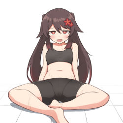 Rule 34 | 1girl, bare shoulders, barefoot, bike shorts, brown hair, caraku, feet, flower, genshin impact, hair flower, hair ornament, half-closed eyes, highres, hu tao (genshin impact), looking at viewer, midriff, navel, open mouth, red eyes, simple background, sitting, smile, sports bra, spread legs, sweat, symbol-shaped pupils, twintails, white background