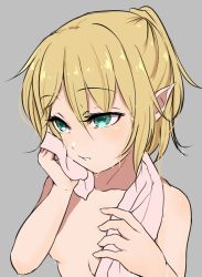 Rule 34 | 1girl, blonde hair, breasts, collarbone, green eyes, grey background, half updo, hands up, marsen, mizuhashi parsee, nude, one side up, parted lips, pink towel, pointy ears, short hair, simple background, sketch, small breasts, solo, touhou, towel, towel around neck, upper body, wet, wiping
