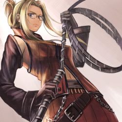 Rule 34 | 1girl, belt, blonde hair, blue eyes, breasts, chain, closed mouth, dress, final fantasy, final fantasy viii, glasses, gloves, long hair, looking at viewer, navel, quistis trepe, simple background, solo, square enix, sushi (sashimise), whip