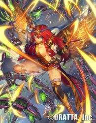 Rule 34 | 1girl, blue eyes, bracelet, breasts, chloris garden, claw (weapon), female focus, gauntlets, jewelry, large breasts, long hair, melon22, official art, red hair, solo, very long hair, weapon, yellow wings
