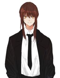 Rule 34 | 1girl, black jacket, black necktie, black pants, braid, braided ponytail, breasts, brown hair, chainsaw man, collared shirt, iyewon135, jacket, long sleeves, makima (chainsaw man), medium breasts, medium hair, necktie, neckwear request, pants, ringed eyes, shirt, shirt tucked in, simple background, solo, white background, white shirt