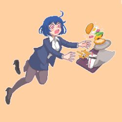 Rule 34 | 1girl, ahoge, blue hair, brown pantyhose, burger, collared shirt, commentary, english commentary, falling, food, french fries, hcnone, high heels, jacket, office lady, open mouth, original, pantyhose, pencil skirt, pixel art, red eyes, shirt, shoes, short hair, simple background, single shoe, skirt, skye (hcnone), solo, tray, tripping, yellow background