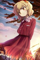 Rule 34 | 1girl, absurdres, aki shizuha, arms behind back, autumn, autumn leaves, blonde hair, blush, buttons, closed mouth, collared shirt, hair ornament, highres, leaf, leaf hair ornament, long sleeves, maple leaf, red shirt, red skirt, shirt, short hair, skirt, smile, solo, street dog, touhou, yellow eyes
