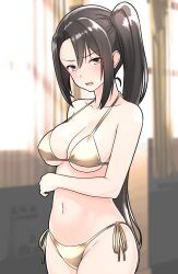 Rule 34 | 1girl, alternate costume, bare shoulders, bikini, blurry, blurry background, blush, breasts, brown eyes, brown hair, cleavage, commentary request, furaggu (frag 0416), gold bikini, highres, indoors, kantai collection, large breasts, long hair, looking at viewer, nachi (kancolle), navel, one-hour drawing challenge, open mouth, ponytail, side-tie bikini bottom, solo, swimsuit, very long hair