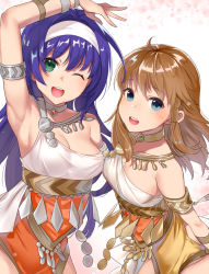 Rule 34 | 2girls, :d, alternate costume, ancient greek clothes, arm up, armlet, armpits, blue eyes, blue hair, blush, bracelet, breasts, brown hair, choker, cleavage, collarbone, dancer, dancer (fire emblem: three houses), dress, fire emblem, fire emblem: path of radiance, fire emblem: radiant dawn, fire emblem: three houses, greco-roman clothes, green eyes, haru (nakajou-28), jewelry, looking at viewer, medium breasts, mia (fire emblem), mist (fire emblem), multiple girls, nintendo, one eye closed, open mouth, simple background, single-shoulder dress, smile