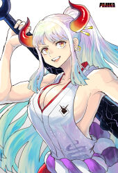 Rule 34 | 1girl, armpits, artist name, blue hair, breasts, chikoinochi, club, club (weapon), curled horns, earrings, highres, holding, holding club, holding weapon, hoop earrings, horns, japanese clothes, jewelry, kanabou, large breasts, looking at viewer, multicolored hair, one piece, oni, oni horns, red eyes, red horns, rope, shimenawa, sideboob, smile, solo, two-tone hair, upper body, weapon, white background, white hair, yamato (one piece)
