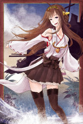 Rule 34 | 10s, 1girl, ahoge, boots, brown eyes, brown hair, detached sleeves, highres, kantai collection, kongou (kancolle), long hair, nontraditional miko, outstretched arms, rigging, skirt, solo, thigh boots, thighhighs, w-hosrising