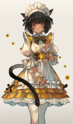 Rule 34 | 1girl, :/, absurdres, animal ears, apron, warrior of light (ff14), black hair, blunt bangs, bow, bowtie, brown bow, brown bowtie, cat ears, cat girl, cat tail, center frills, commentary, commission, dress, facial mark, feet out of frame, final fantasy, final fantasy xiv, floral print, frilled dress, frills, grey background, hand up, highres, kemomin nosuke, light blush, looking at viewer, maid, maid apron, maid headdress, miqo&#039;te, nail polish, orange eyes, orange nails, pantyhose, puffy short sleeves, puffy sleeves, ribbon, short hair, short sleeves, simple background, skeb commission, solo, standing, sunflower print, sweatdrop, tail, white apron, white pantyhose, wrist ribbon, yellow dress, yellow ribbon