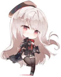 Rule 34 | 1girl, beret, black footwear, black hat, black jacket, black thighhighs, boots, breasts, chibi, closed mouth, commentary request, full body, grey hair, gun, hat, jacket, kotatu (akaki01aoki00), long hair, long sleeves, original, red eyes, small breasts, solo, standing, standing on one leg, thighhighs, thighhighs under boots, very long hair, weapon, weapon request, white background