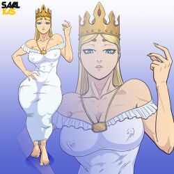 Rule 34 | 1girl, abs, absurdres, bare shoulders, barefoot, blonde hair, breasts, crown, dress, expressionless, highres, jewelry, krista lenz, long hair, looking at viewer, medium breasts, muscular legs, necklace, nipples, queen, savalkas, shingeki no kyojin, solo, white dress, zoom layer