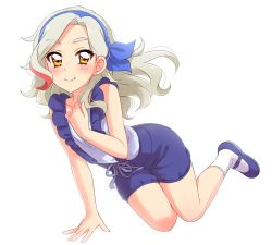 Rule 34 | 1girl, aikatsu!, aikatsu! (series), bare arms, blue footwear, blush, closed mouth, commentary request, full body, grey hair, hand on own chest, highres, kurosawa rin (aikatsu!), legs together, long hair, looking at viewer, mary janes, multicolored hair, parted bangs, sekina, shirt, shoes, shorts, simple background, smile, socks, solo, streaked hair, suspender shorts, suspenders, white background, white shirt, white socks, yellow eyes