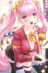 Rule 34 | 1girl, :d, asymmetrical legwear, black socks, blush, bow, breasts, bridal gauntlets, checkered floor, cleavage, confetti, crown, earrings, hair bow, headset, heart, highres, idol, jacket, jewelry, juliet sleeves, kfr, kneehighs, large breasts, leaning forward, long hair, long sleeves, looking at viewer, mini crown, music, open mouth, original, pink hair, pink jacket, pleated skirt, puffy sleeves, singing, single kneehigh, single sock, single thighhigh, skirt, smile, socks, solo, stage, standing, star (symbol), thigh strap, thighhighs, uneven legwear, very long hair, yellow bow, yellow neckwear
