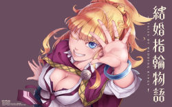 Rule 34 | 1girl, blonde hair, blue eyes, bracelet, breasts, cape, cleavage, copyright name, grin, highres, jewelry, kekkon yubiwa monogatari, long hair, maybe, nonaka himeno, official art, official wallpaper, one eye closed, ring, smile, solo, wallpaper