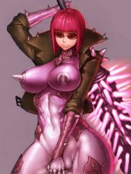 Rule 34 | 1girl, abs, arm up, blunt bangs, bob cut, breasts, buckle, cameltoe, club (weapon), covering privates, covering crotch, cowboy shot, cyborg, female focus, floral print, flower, fumio (rsqkr), glowing, glowing weapon, grey background, groin, half-closed eyes, high collar, holding, holding weapon, huge breasts, jacket, lace, large breasts, leather, leather jacket, light smile, looking to the side, mathilda, max anarchy, naughty face, navel, open clothes, open jacket, over shoulder, pink hair, purple theme, rose, short hair, simple background, sketch, sleeves rolled up, smile, solo, spikes, sunglasses, thighs, toned, weapon, weapon over shoulder, wide hips