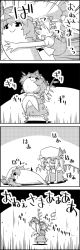 Rule 34 | 1girl, 4koma, ascot, bat wings, comic, commentary request, flandre scarlet, greyscale, hat, hat ribbon, highres, hug, hug from behind, kneeling, lying, mob cap, monochrome, on side, remilia scarlet, ribbon, smile, squeezing, tani takeshi, touhou, translation request, wings, yukkuri shiteitte ne