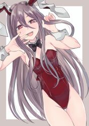 Rule 34 | 1girl, animal ears, bare shoulders, bow, bowtie, detached collar, highres, holding, holding hair, leotard, long hair, looking at viewer, playboy bunny, rabbit ears, red eyes, red leotard, reisen udongein inaba, solo, strapless, strapless leotard, takahashi kouta, touhou, wrist cuffs
